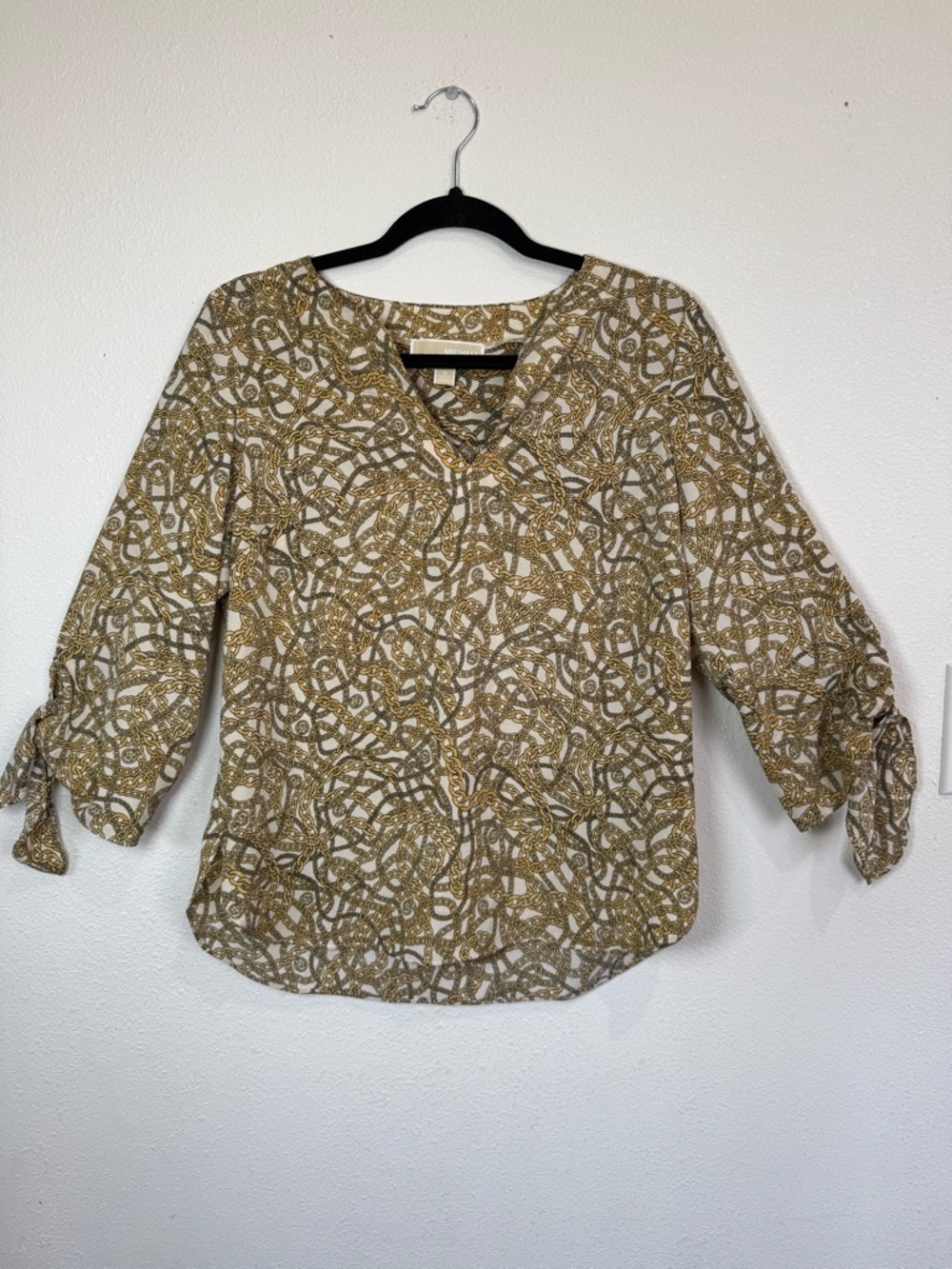 Michael Kors Chain Print Blouse Gold Cream V-Neck Tie Sleeve Top Size M - Picture 2 of 9